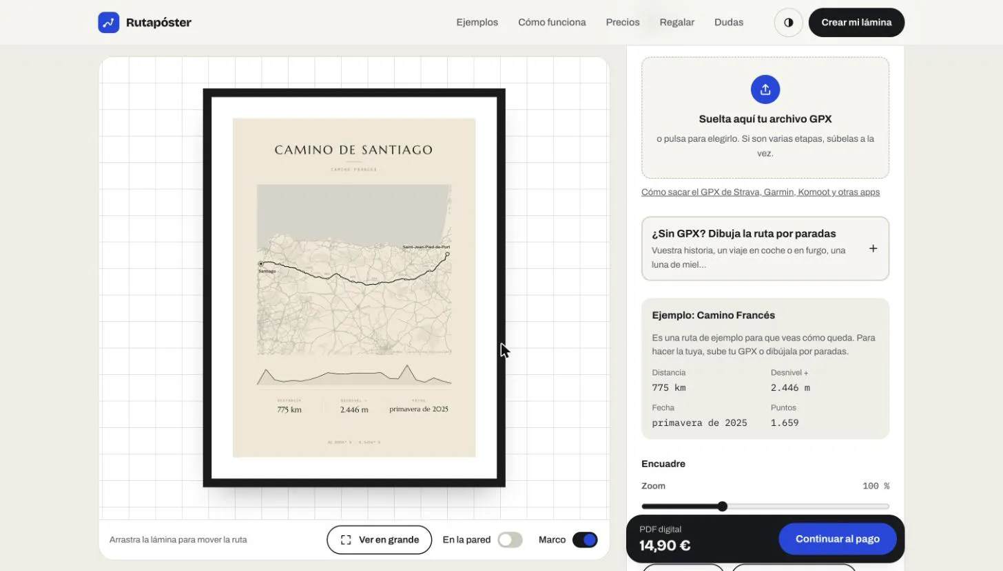 Editor de láminas: el póster se ve montado en tiempo real mientras se eligen la ruta, el diseño, los textos y el tamaño, con el precio y el botón de pago abajo.